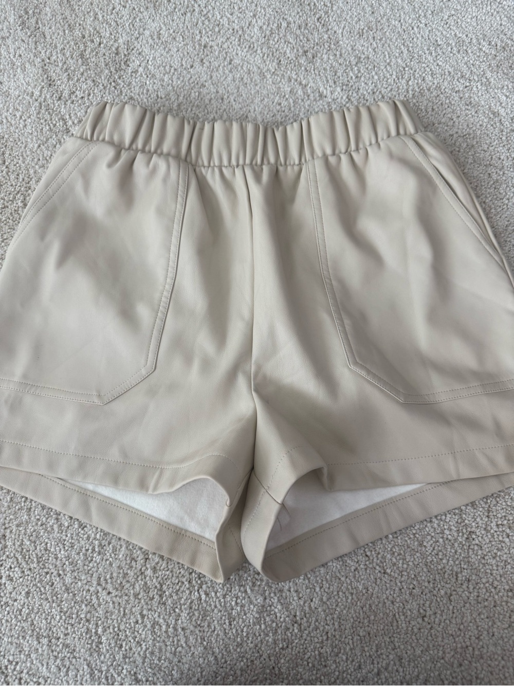 Women's Elastic-Waist High-Rise Cream Faux leather Shorts